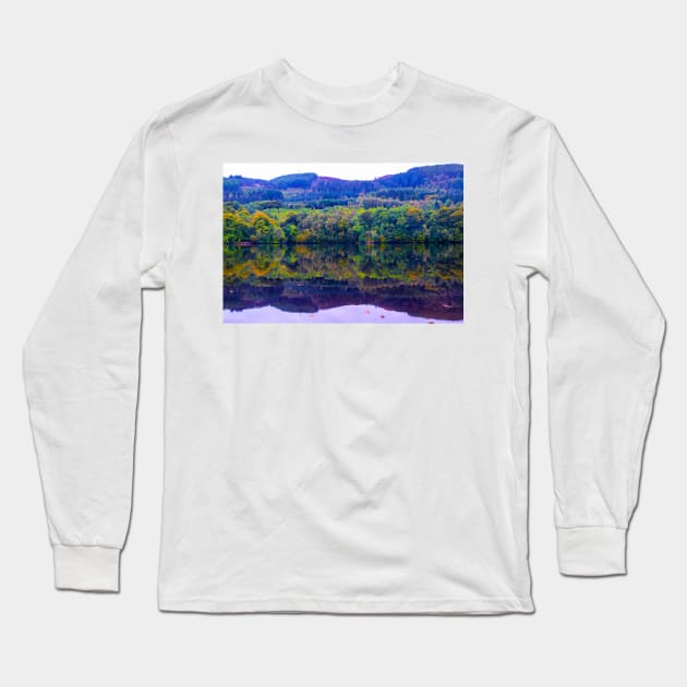 Scottish forest water reflections in Pitlochry Long Sleeve T-Shirt by chiaravisuals